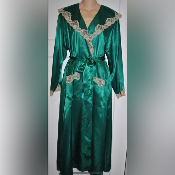 VICTORIA'S SECRET Wrap Robe Green with Lace Collar Gold Label VTG size L